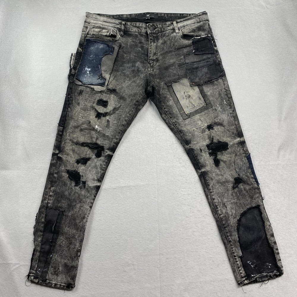 Jordan Craig Men's Distressed Patchwork Bootcut Jeans in Washed Black and Navy